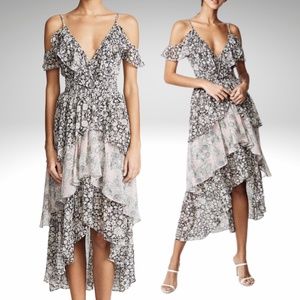 MISA Los Angeles Idalia Floral Tiered Ruffle High Low Maxi Cocktail Dress Small
